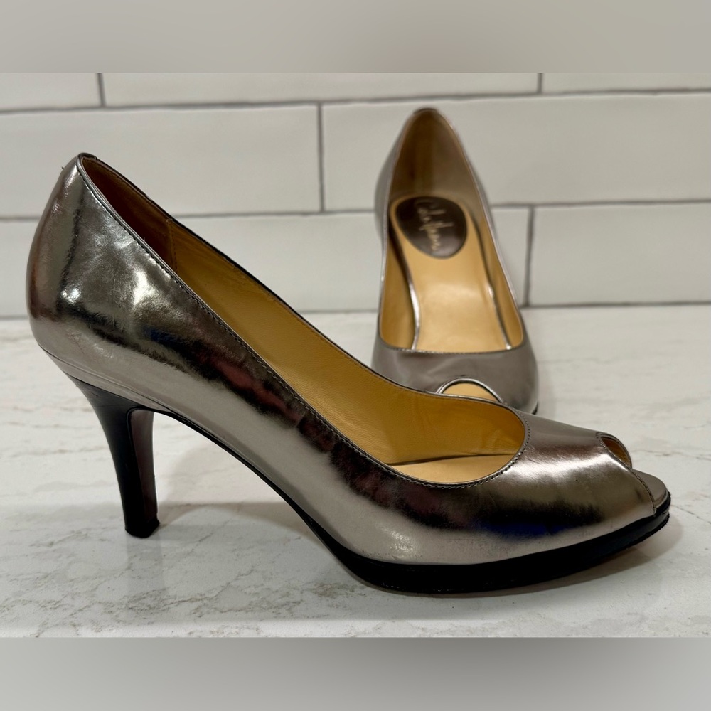 🏀 Cole Haan Nike Air Pewter Metallic Peep Toe High Heels — Size 8.5